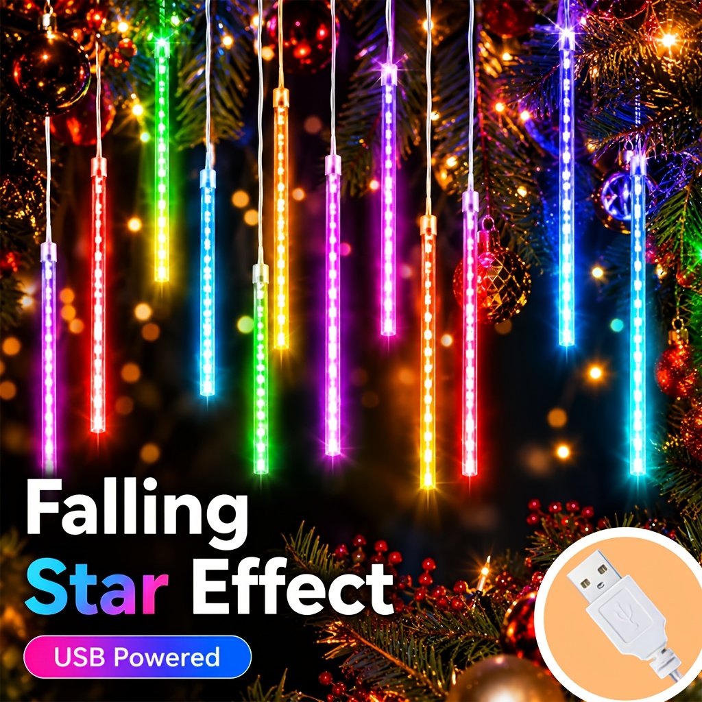 TEMU Outdoor Christmas 8-tube Meteor Shower Lights - 192 Led Christmas Lights, Outdoor String Lights For Gardens, Patios, , Houses, And Tree