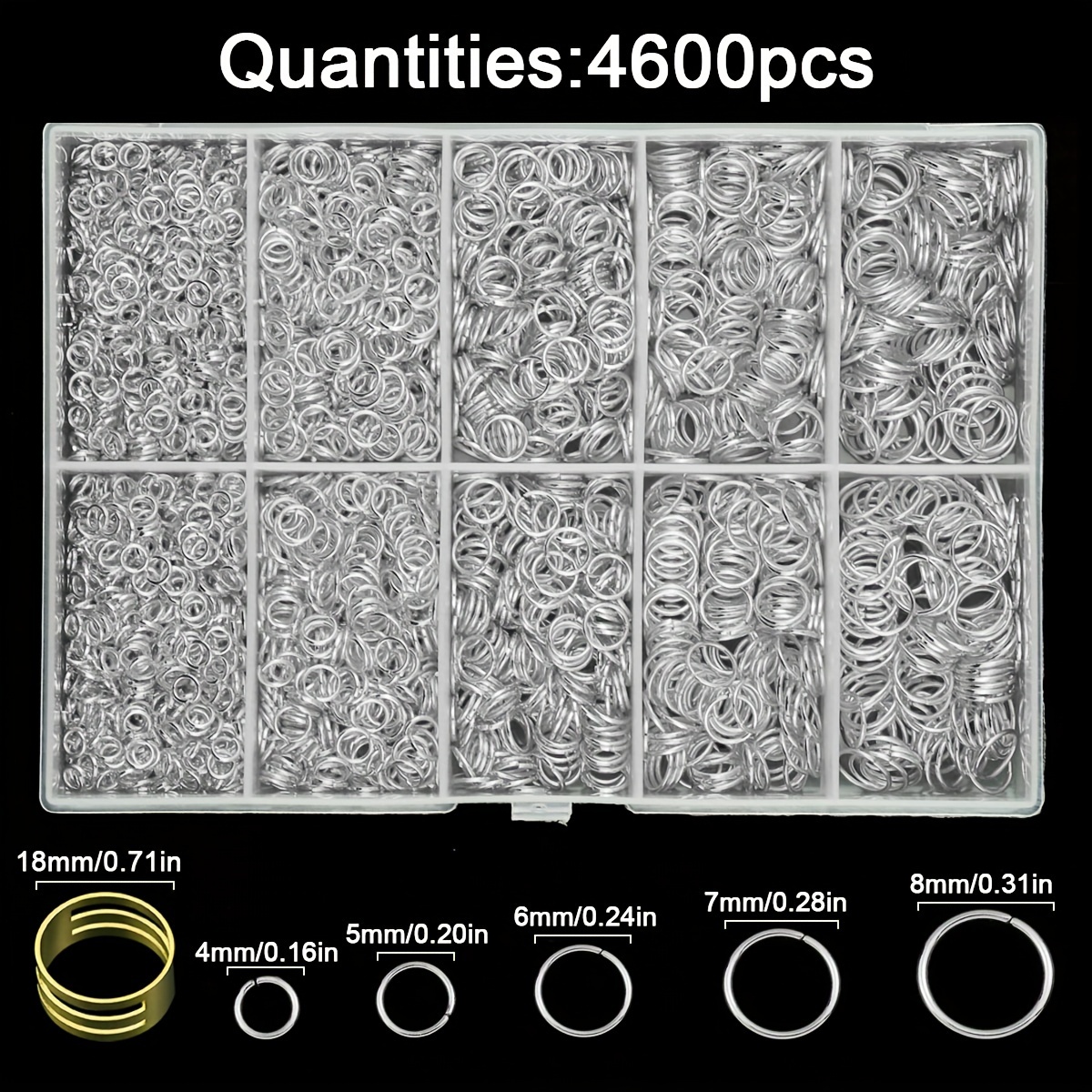 E-shop Set mit ca. 4600 geschlossenen Sprungringen + Ringen, 5 Größen: 4/5/6/7/8mm, offene Sprungringe, Verbindungsringe, geschlossene Sprungringe,