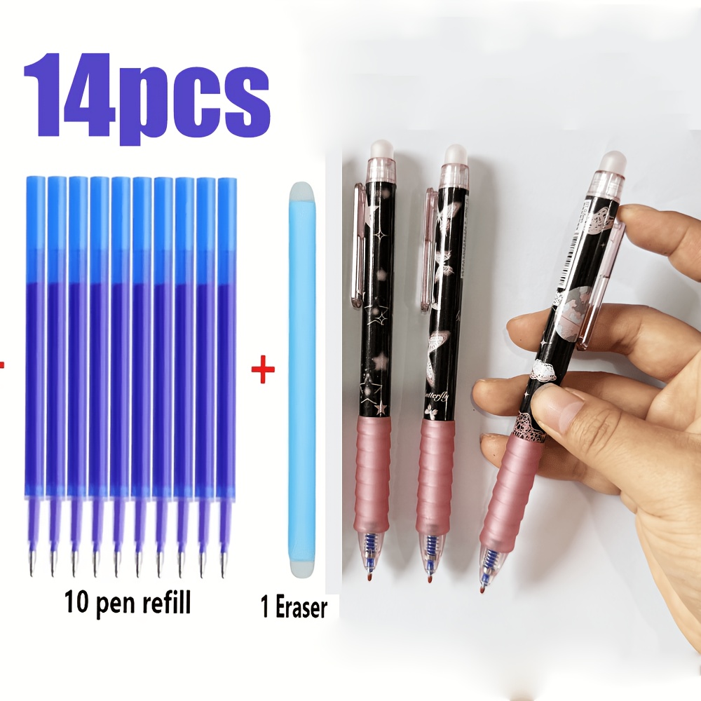 TEMU Set di penne gel cancellabili a pressione blu - Asciugatura rapida, scorrevole e -sbavature correzione facile, set da 14 pezzi (3 penne + 10