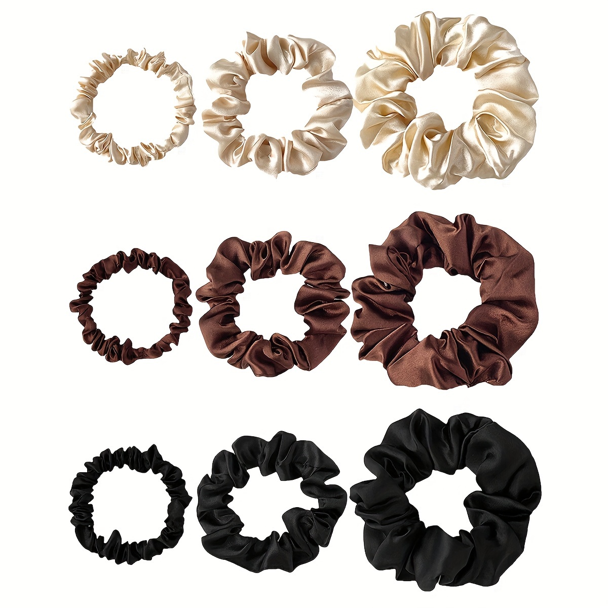 

Silk Scrunchies Set Of 9 - Vintage Elegant Hair Ties For Women, Soft Protective Bands - Assorted Sizes For Diverse Styling - Solid Color, Suitable For , Age 14+