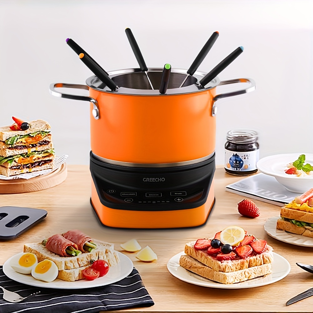 

Electric Fondue Pot Set, 2.6qt Melter For Cheese & Chocolate, Candy Warmer With Temp Control, Non Stick Stainless Steel Melting With 6 Forks, Orange