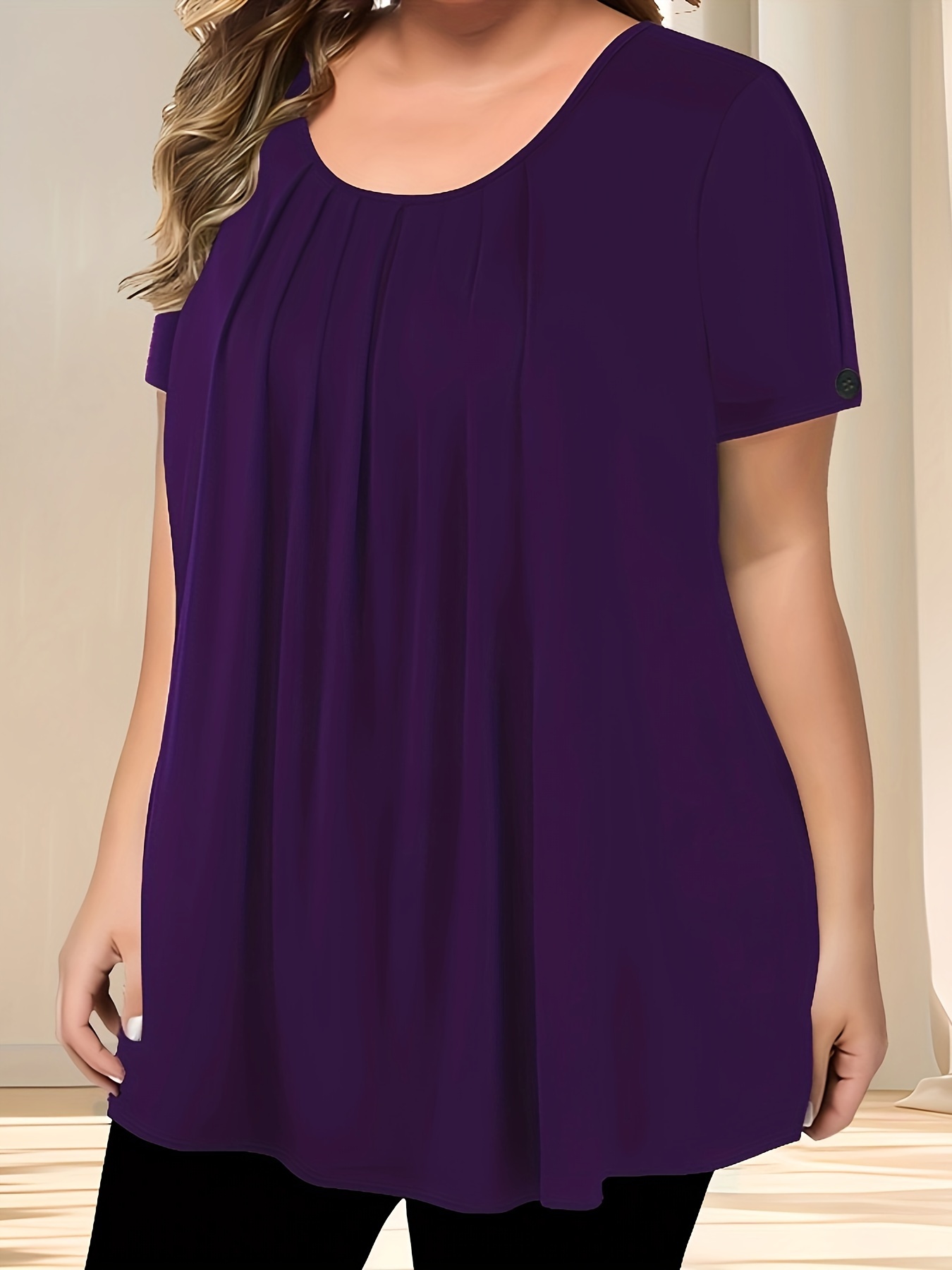 Women'S Casual Crew Neck Short Sleeve Blouse, Solid Color Plus Size, Lightweight Polyester with Subtle Stretch, Flared Hem, Spring/Summer Fashion Top, Casual Wear Blouse | Elegant Plus Size | Simple Eleganc