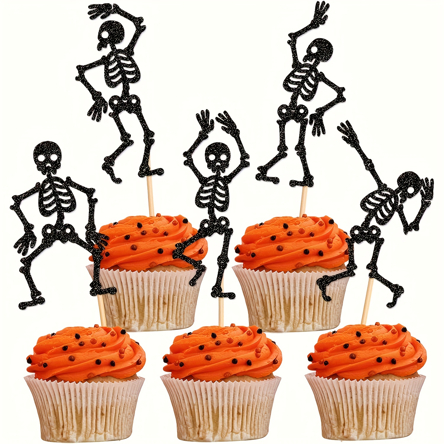 Image of 10pcs Glitter Black Skeleton Cupcake Toppers Human Dance Skeleton Cupcake Picks For Halloween Party Decorations Horror Halloween Birthday Wedding Cupcake Decorations