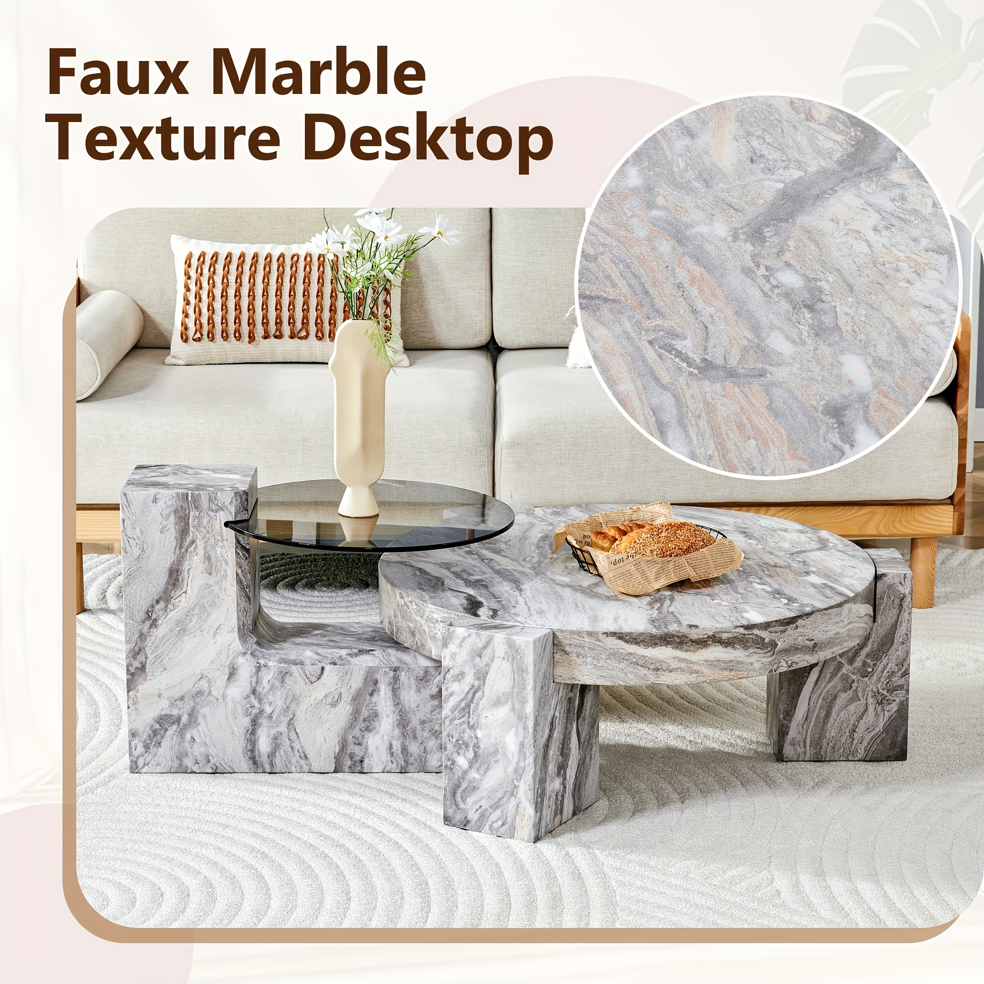 MUUOKY Modern Round Nesting Coffee Table with Faux Marble Top & Glass Side Table - 24” Center Table Suitable for Living Room, 2-Tier Space-Saving, Easy Assembly, Luxury Apartment Furniture, Engineered Wood Base for Small Homes