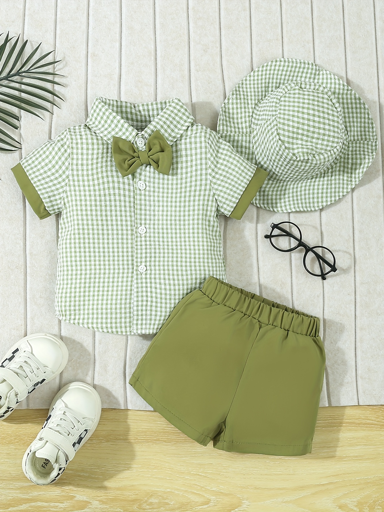baby boy gingham check short sleeve shirt bow Temu Oman