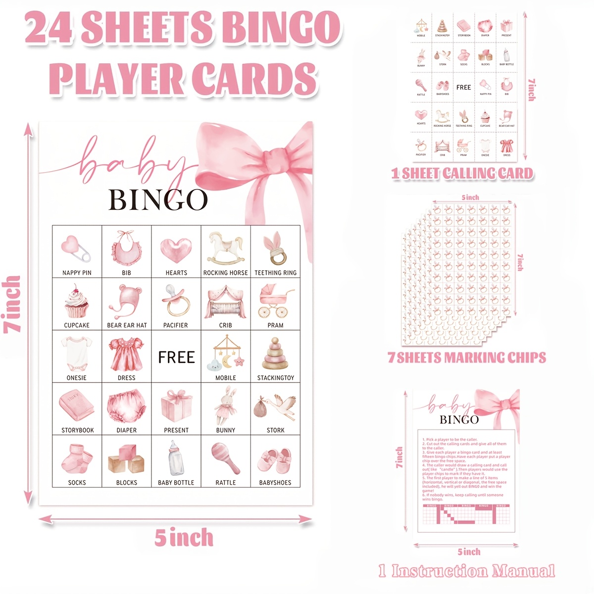 TEMU 33pcs Set Shower Bingo Cards, 24 Players, Pink Coquette Bow Theme Bingo Cards, Suitable For Family, , Parents Group Activities I Perfect For