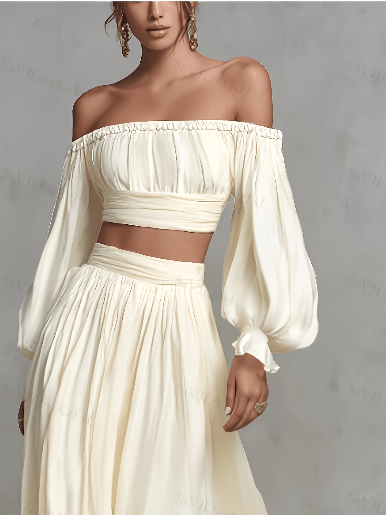 item picture new cross border womens fashion elegant solid   shoulder t shirt skirt 2pcs set