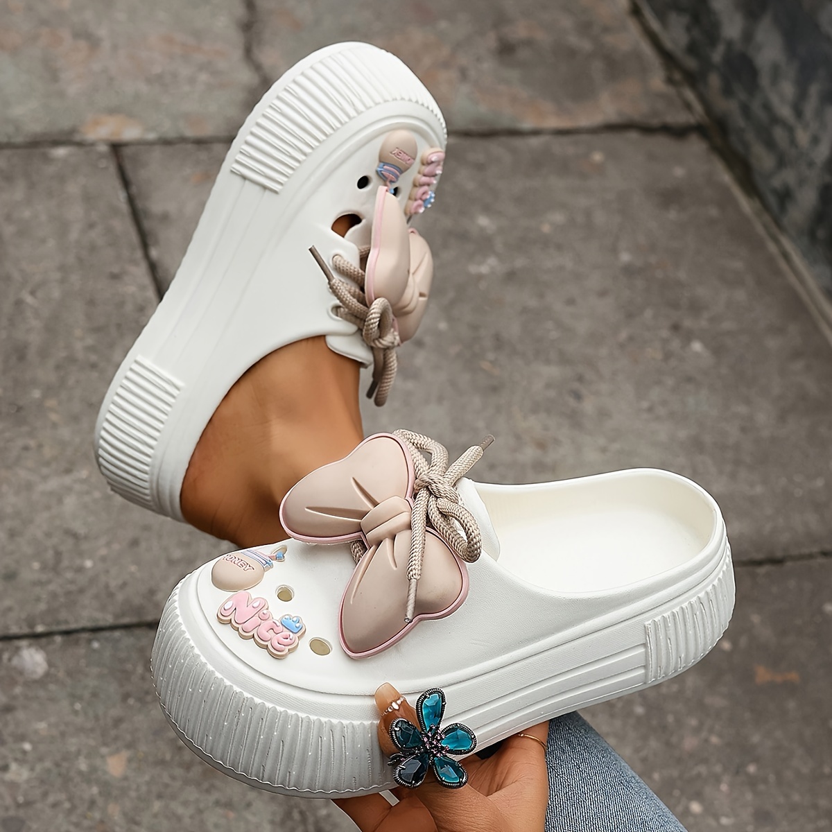 

Women's Pvc Cute Diy Clogs, Platform Lace Up Soft Sole Bowknot Decor Shoes, Closed Toe Summer Beach & Garden Mules