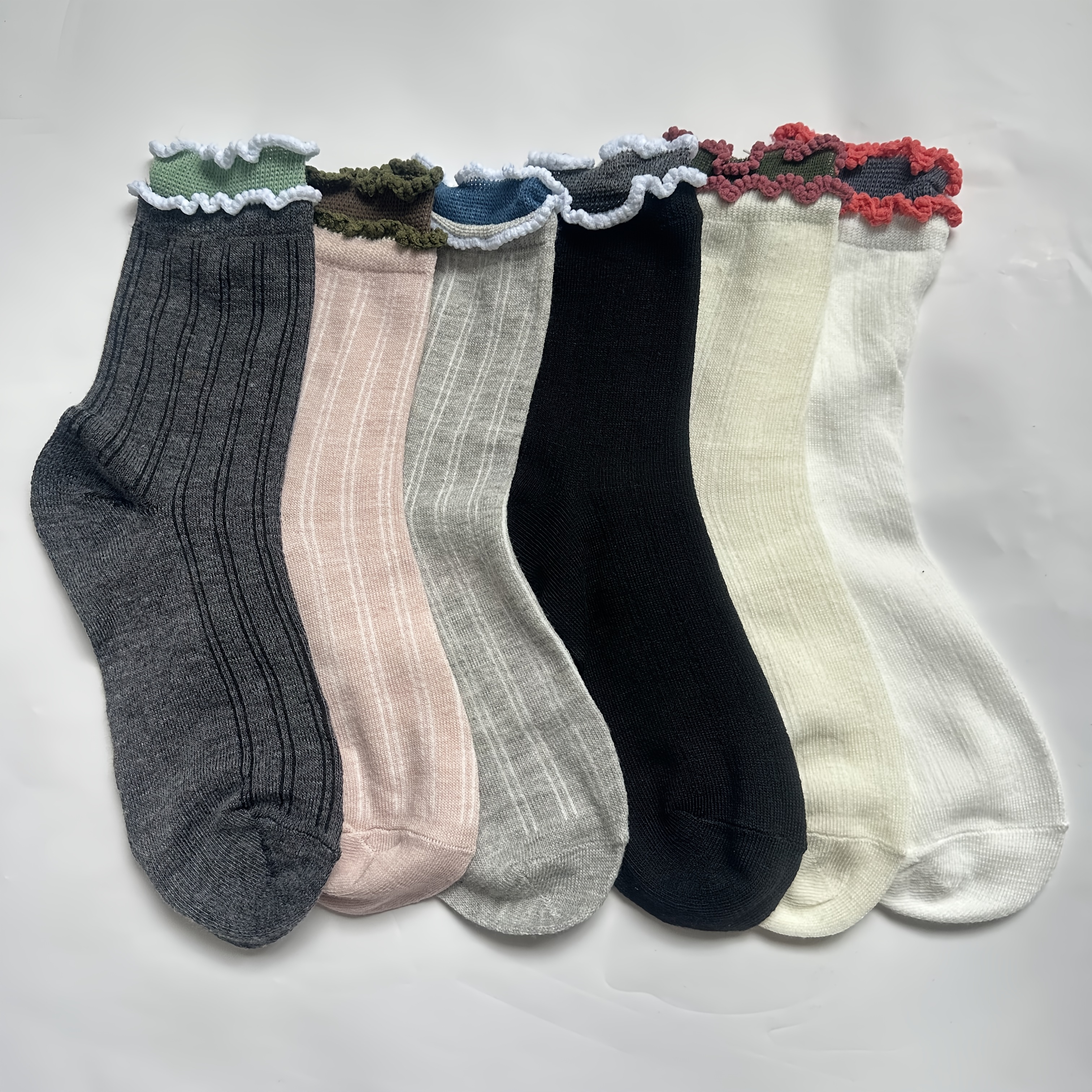 TEMU Lot de 6 paires de chaussettes à double épaisseur en dentelle pour femme, chaussettes à volants au col