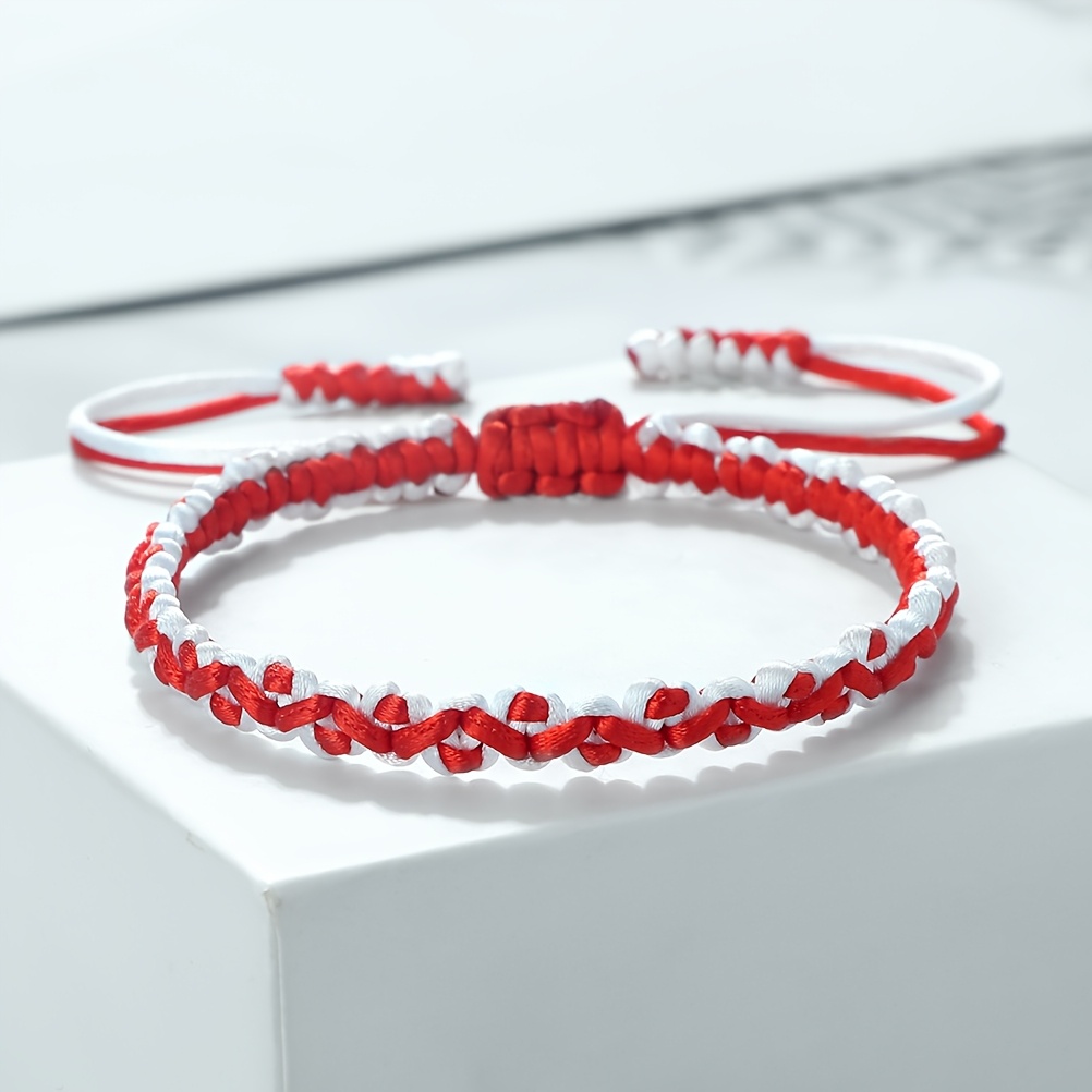 TEMU 1pc Rose Red And White Contrast Classic Braided Rope Bracelet, Adjustable Size, Suitable For Men And Women, Fashionable Charm Water Ripple Woven