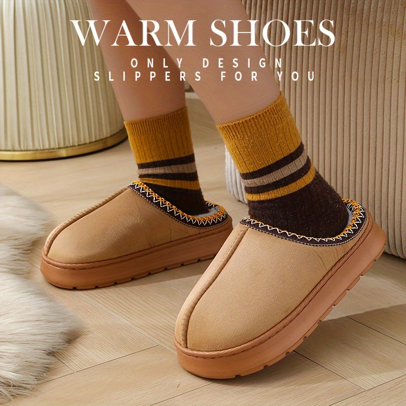 

Women's Cozy Flannel Slippers - Winter Indoor/outdoor Solid Color Slip-on Shoes With Eva Sole, Plush , And Stylish Striped Cuff Detail, House Slippers