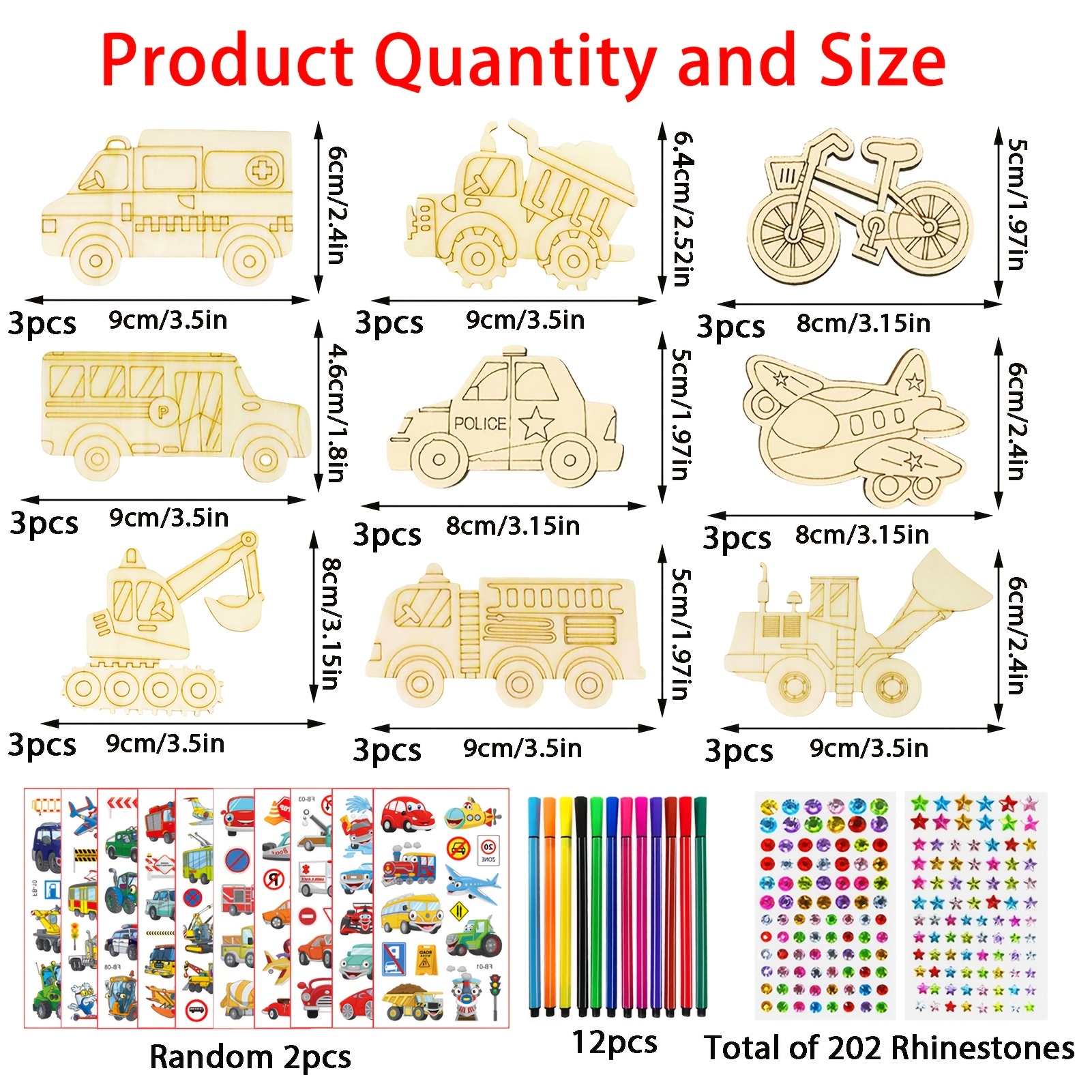 Image of 243pcs Cars-themed Wooden Handicraft Kit, Handmade Craft Set, Wooden Craft Kit, Includes 27pcs Wooden Blocks, 12pcs Pens, 202pcs Decorative Rhinestones, 2pcs Decorative Stickers (random Style )