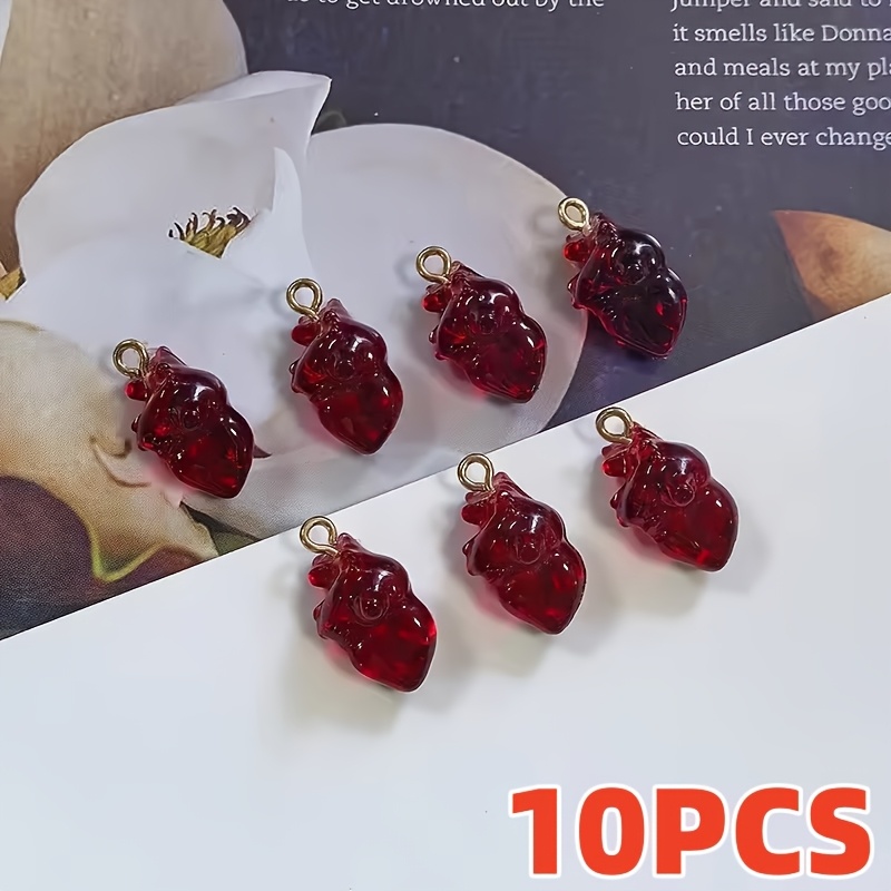E-shop 10 Stk. simulierte weinrote Herz-Organ-Harz-Anhänger, Halloween-Anhänger für Schmuckherstellung, DIY, niedlicher Anhänger für Ohrringe,