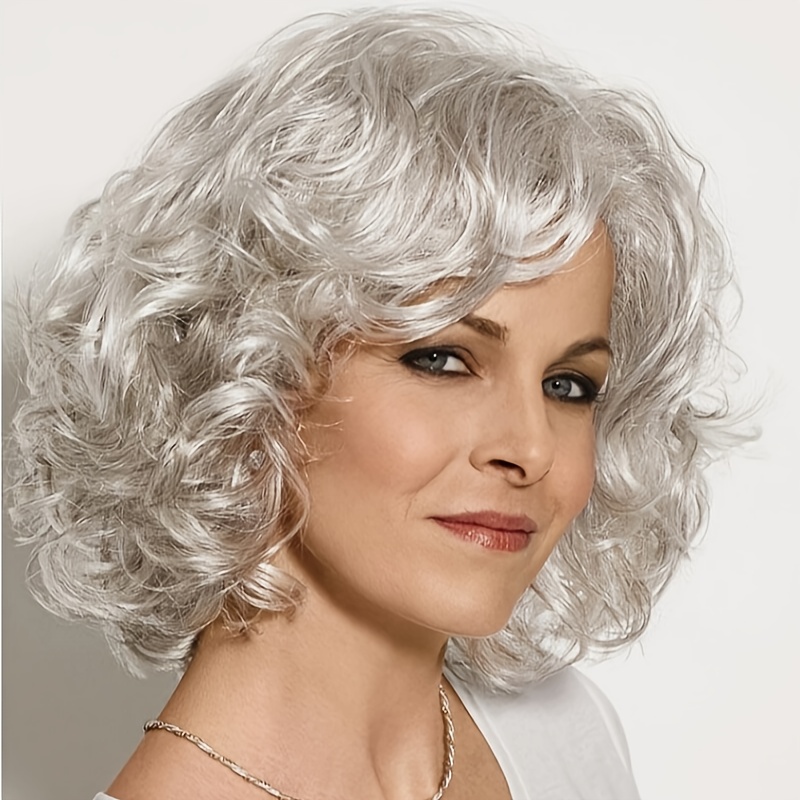 

Elegant Short Curly Wig For Women, Fiber, , Cap, Suitable For All, White Woven Wig With Bangs, Fashion Daily Use
