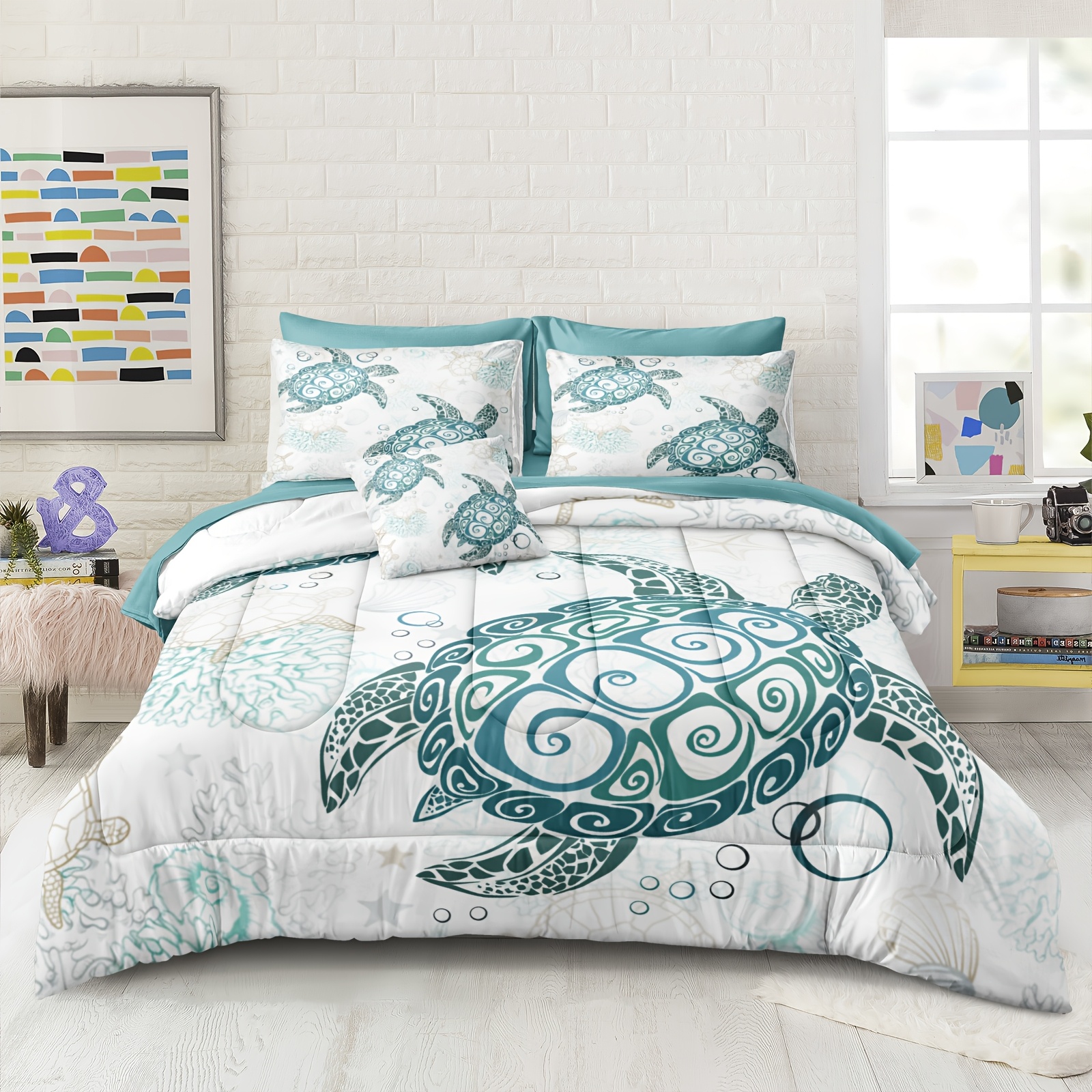 Sea Turtle Comforter Set 8pcs Bed In A Bag Queen Teal Blue Ocean Turtle  Comforter Set With Sheet Set Microfiber 200G Filling Comforter Set C