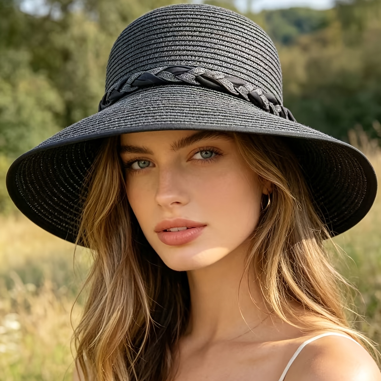 TEMU 1pc Women's Sun Hat, Elegant Style With Black Bow And Band Decoration, Foldable, Lightweight And Breathable, Suitable For Summer Beach Vacation