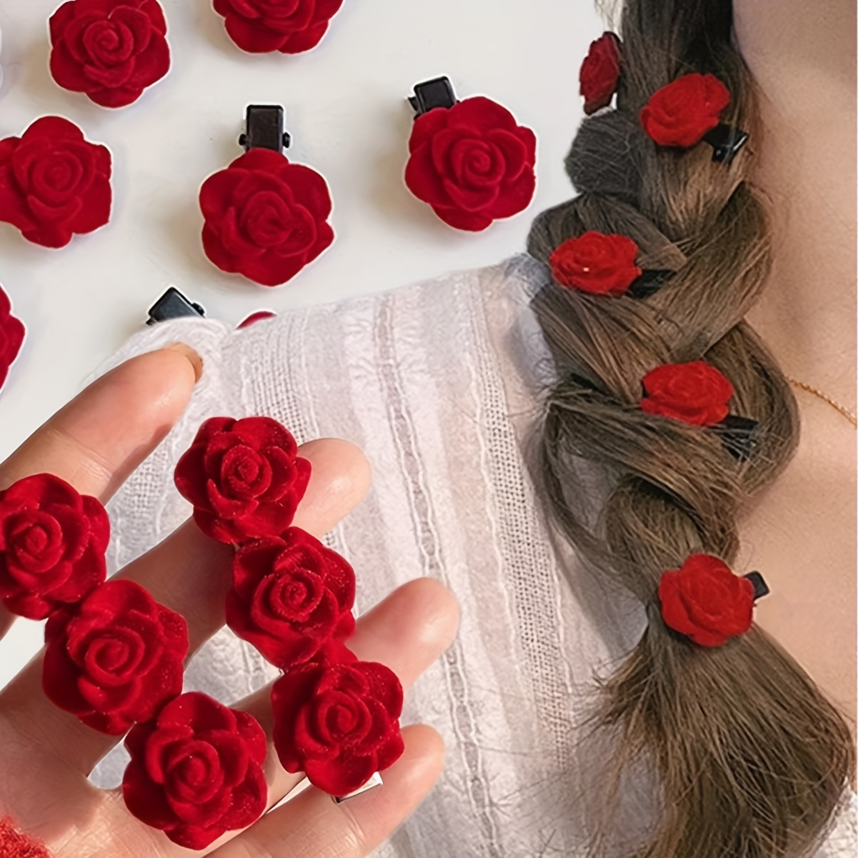 

10pcs Velvet Hair Clips, Cute Chinese Style Floral Hair Accessories, Autumn Winter Hair Ornament Set For Women