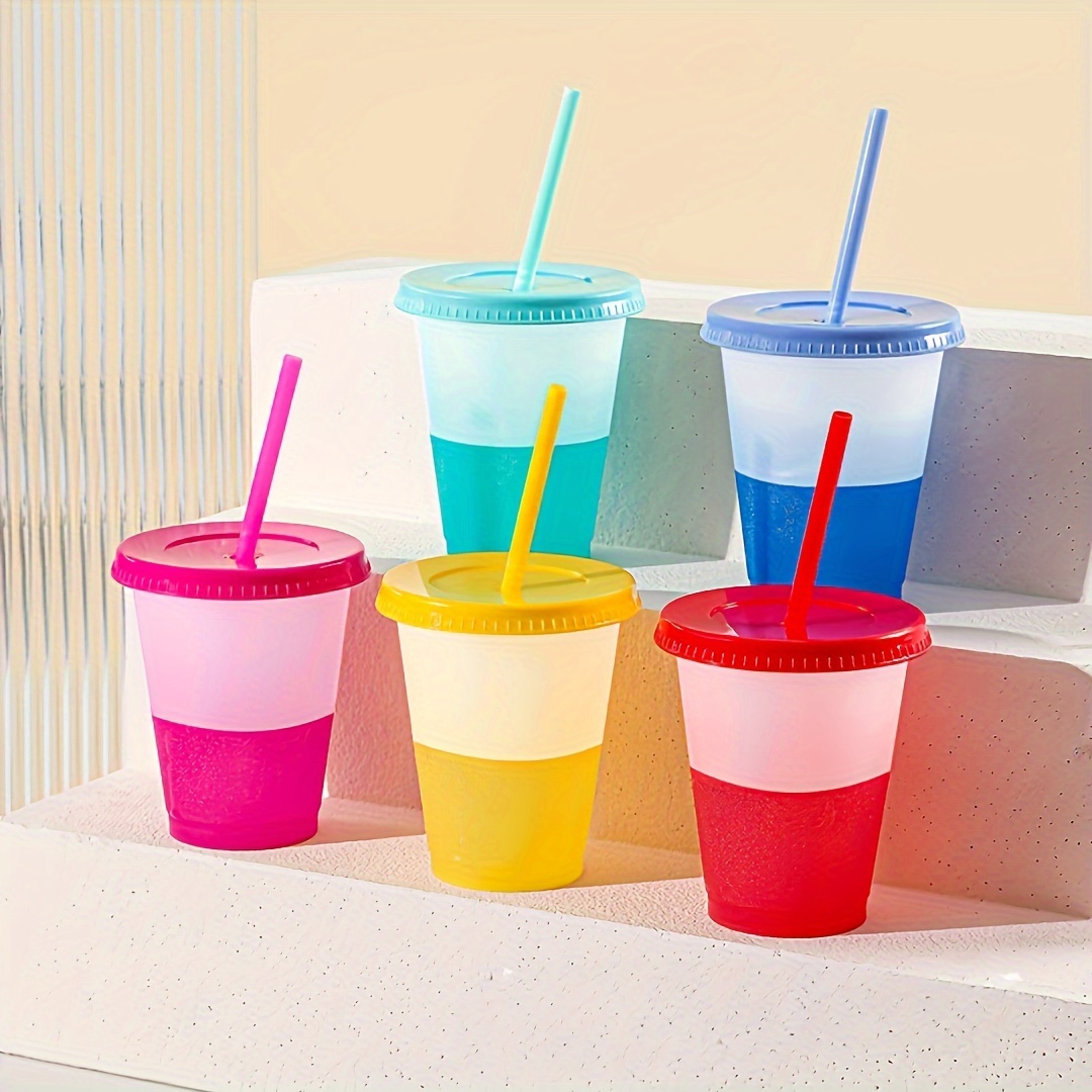 

5pcs 16oz Color-changing Water Cups, Color Changing Tumblers With Lids And Straws, 16 Oz Plastic Tumblers, Multiple Color Reusable Cups For Party Outdoor Activity