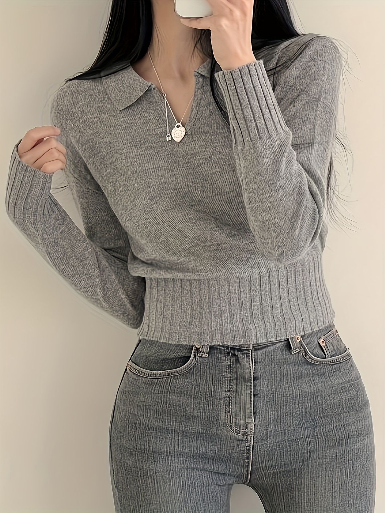 Gray Polo Collar Base Layer Top for Women, Fitted And Short, Perfect for Autumn And Winter