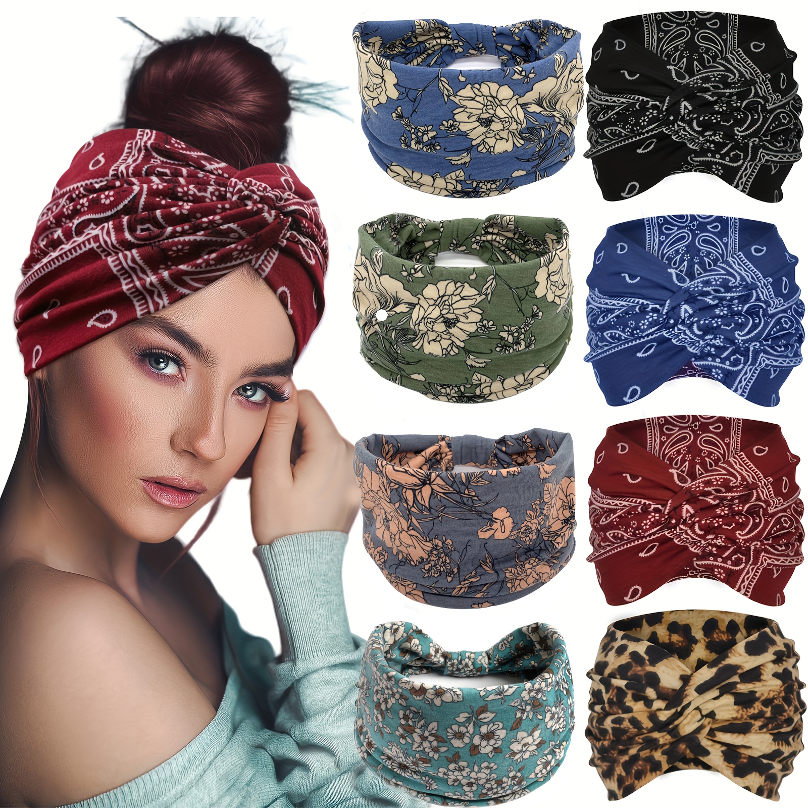 

8-pack Women's Fashion Headband Set, Bohemian Vintage Style Hair Bands, Athletic Yoga Sweat-wicking Turban Headwraps, Hair Accessories, Assorted Patterns