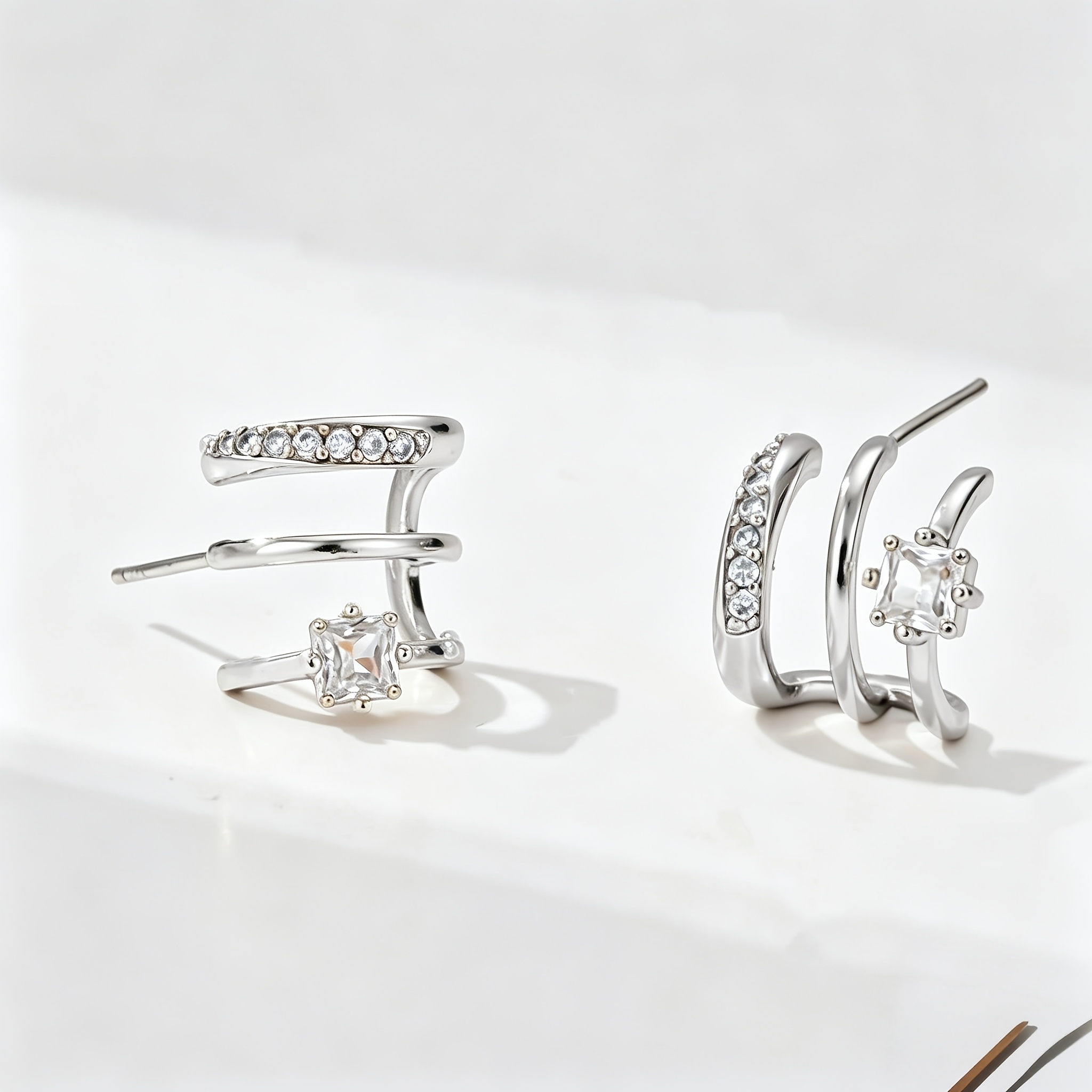 2pcs Minimalist Triple-Arc Copper Earrings with Zirconia