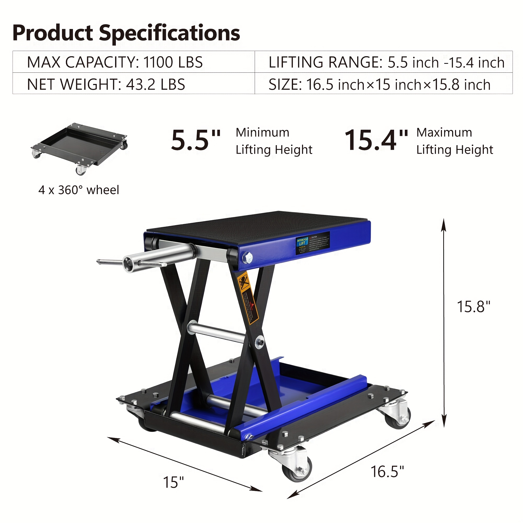 1100 LBS Motorcycle Lift, ATV Scissor Jack with Dolly &amp; Hand Crank - Adjustable Height, Non-Slip Wide Deck Center Hoist Stand for Street Bikes, Cruiser Bikes, Touring Motorcycles - Red/Blue/Black