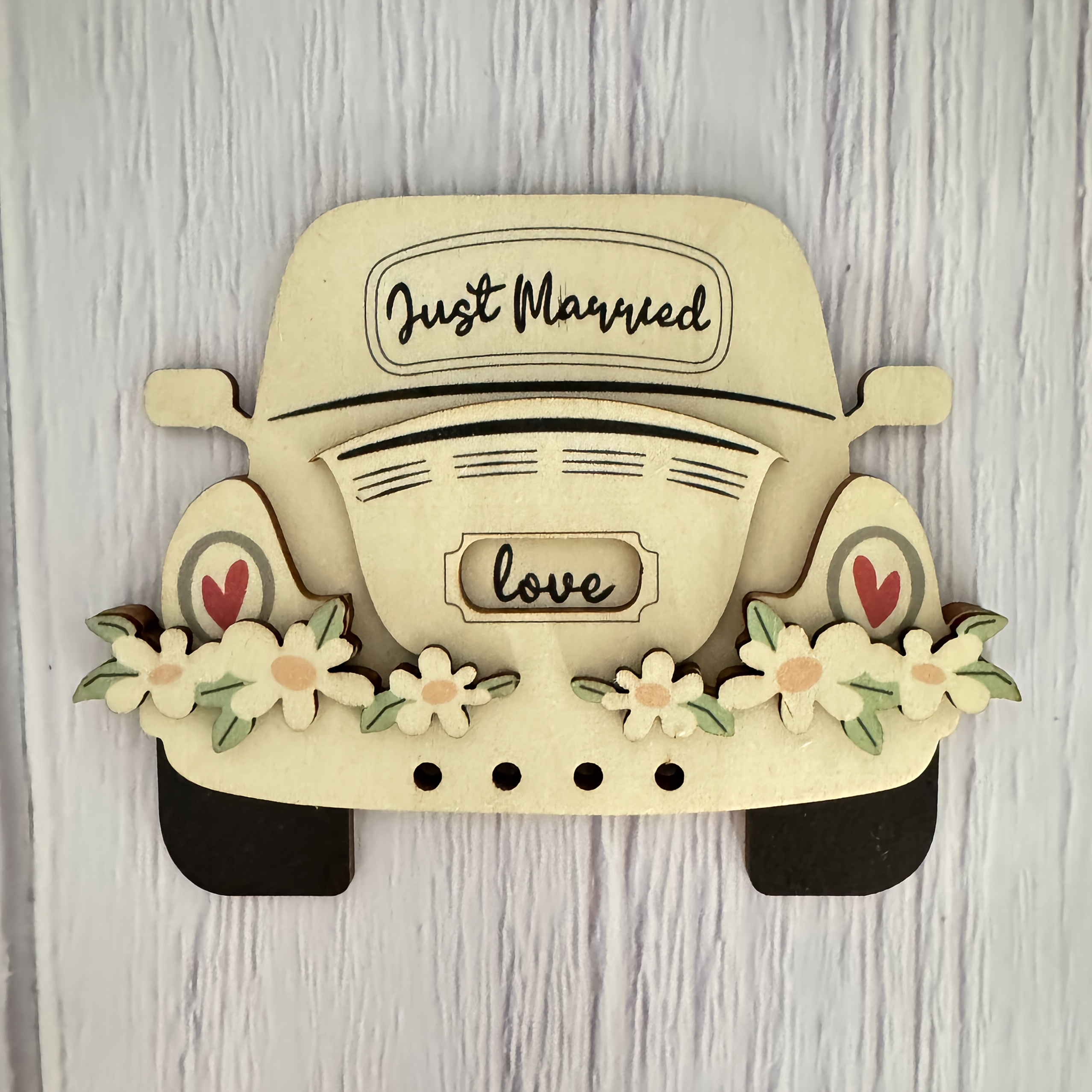 E-shop Just Married"-Schild - Bohemian Hochzeitsdeko mit Vintage-Auto & Blumenmuster, Künstlicher Holzanhänger für Brautdusche Weihnachtsgeschirr