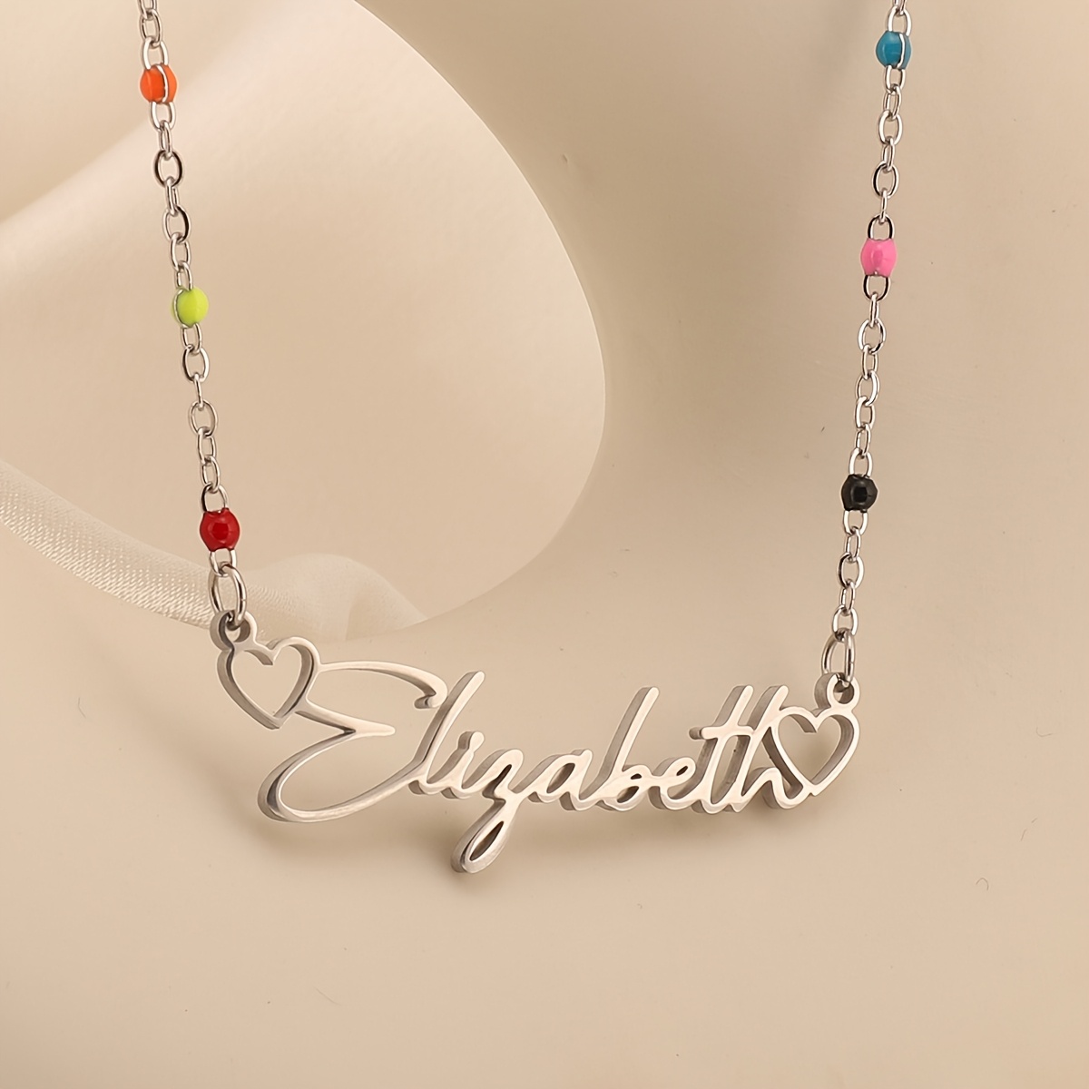 TEMU Customized Personalized Design Exquisite English Name Heart Pendant Necklace For Women, Made Of 304l Stainless Steel With Adjustable Oil-painted