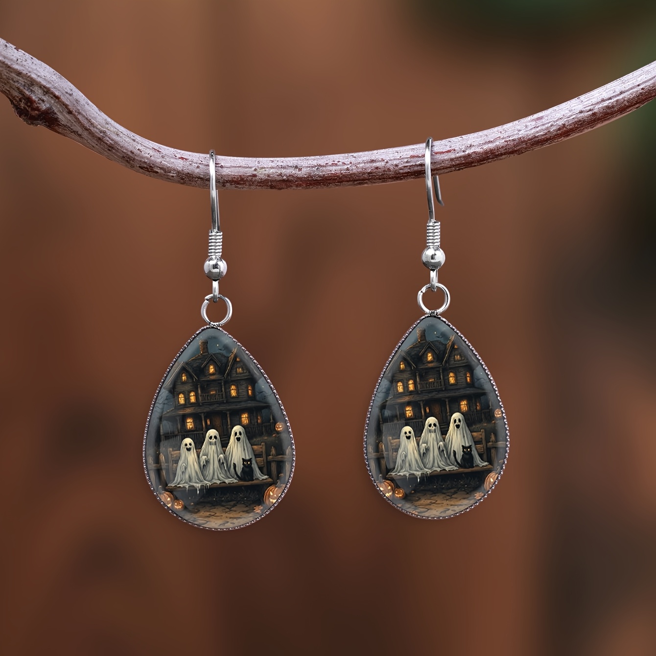 Halloween Ghost Black Cat Pattern Teardrop Earrings