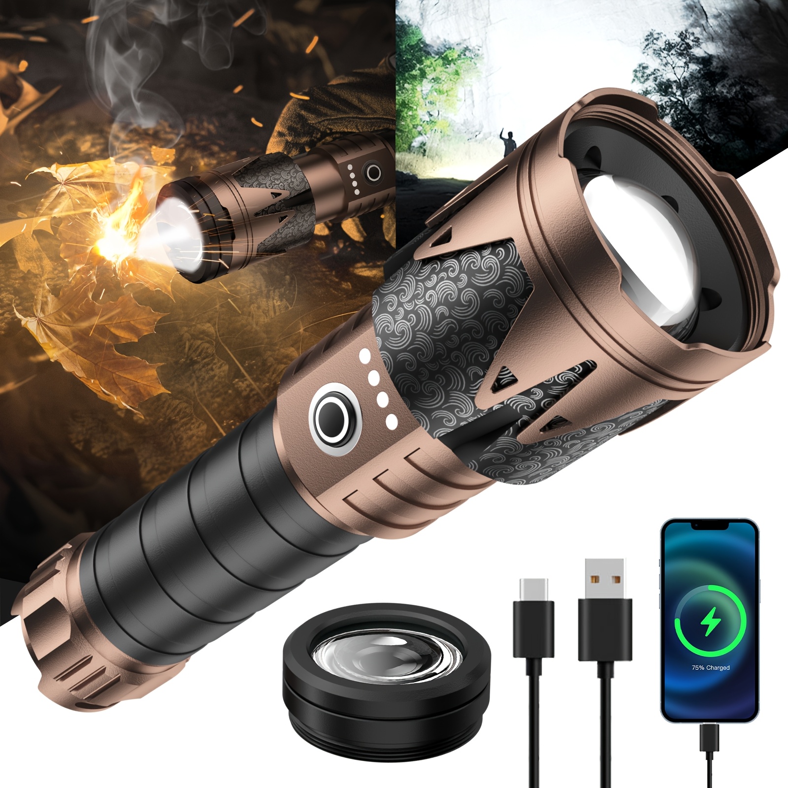 TEMU Skyfire High-lumen Led Flashlight With Ignition Lens, Tactical Flashlight, Zoom, 5 , Essential For Long-life Camping, Outdoor, Farm Patrol And Emergency