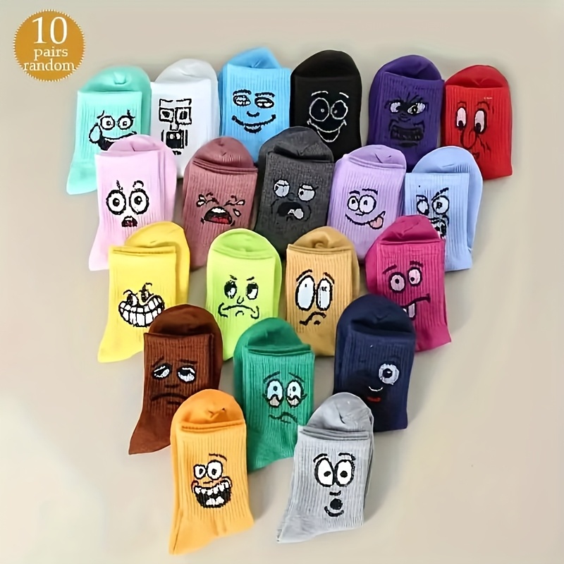 Image of 20/random 10 Pairs Of Colorful Cartoon Socks With Faces - Mid-calf Fabric Socks For Men, Women, And Couples - Design For Casual Attire, Cute Socks, Casual Attire Socks, Sock Design, Durable Socks