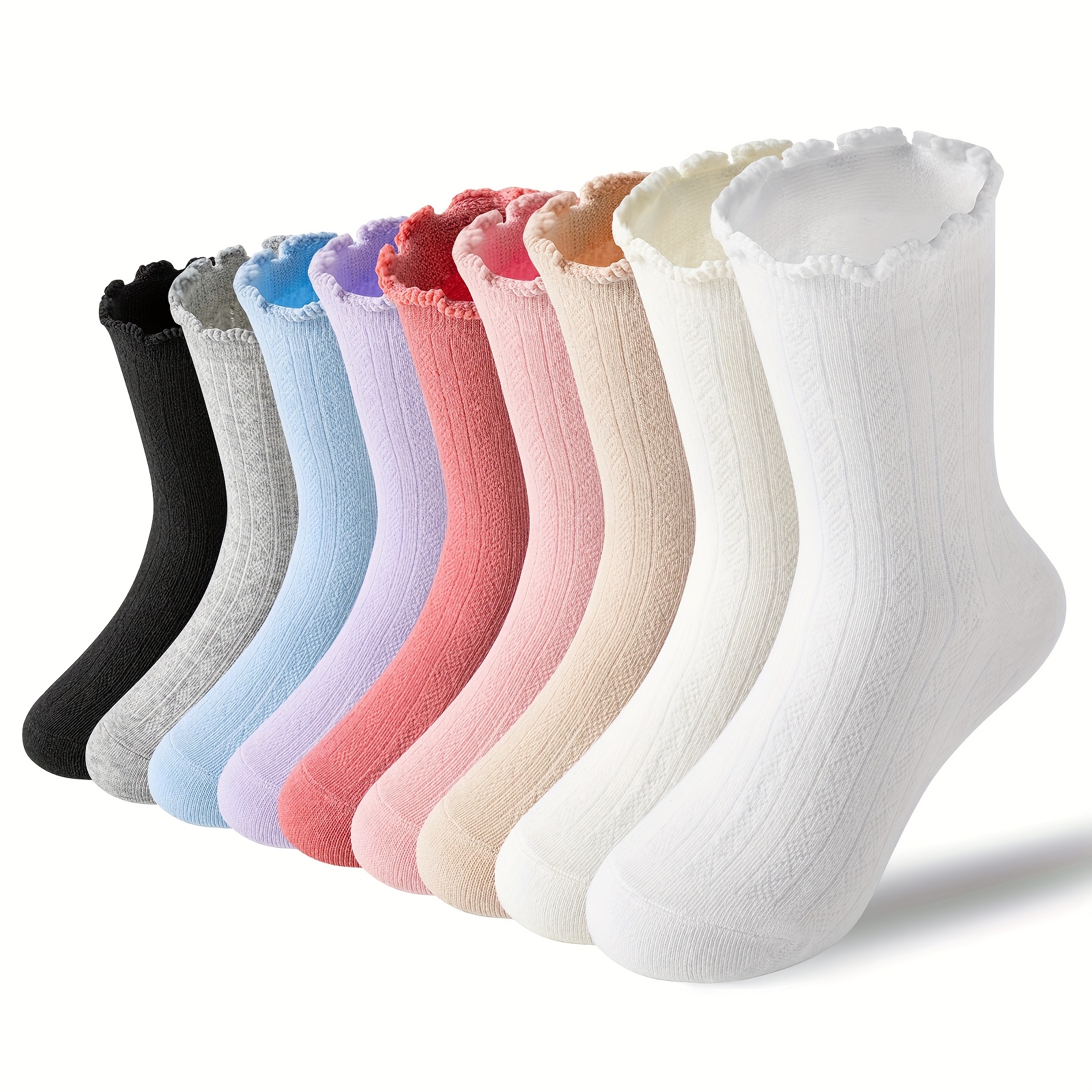 Image of 9 Pairs Girls Kids Ruffle Socks Uniform School Dress Crew Textured Breathable Socks
