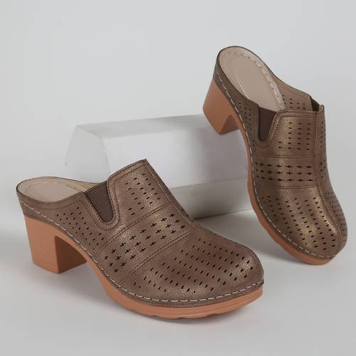 womens 2 75 block heel mule sandals breathable perforated toe slip on with heel cushion thick platform wedge golden stud accents cover for casual party