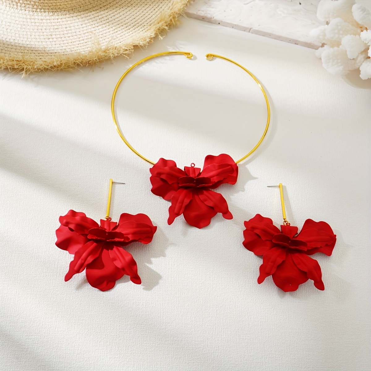 Boho Red Flower Earrings & Necklace