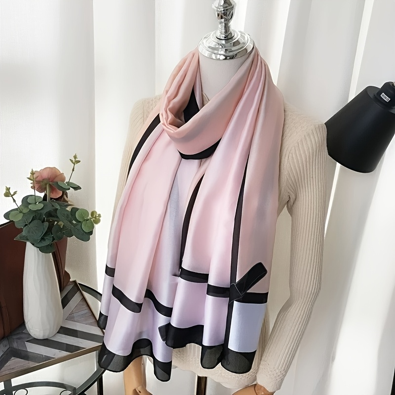 Image of 1pc 180*90cm Elegant Scarf, Women's Headscarf, Soft Pink And Blue Printed Scarf Shawl, Travel Chiffon Scarf