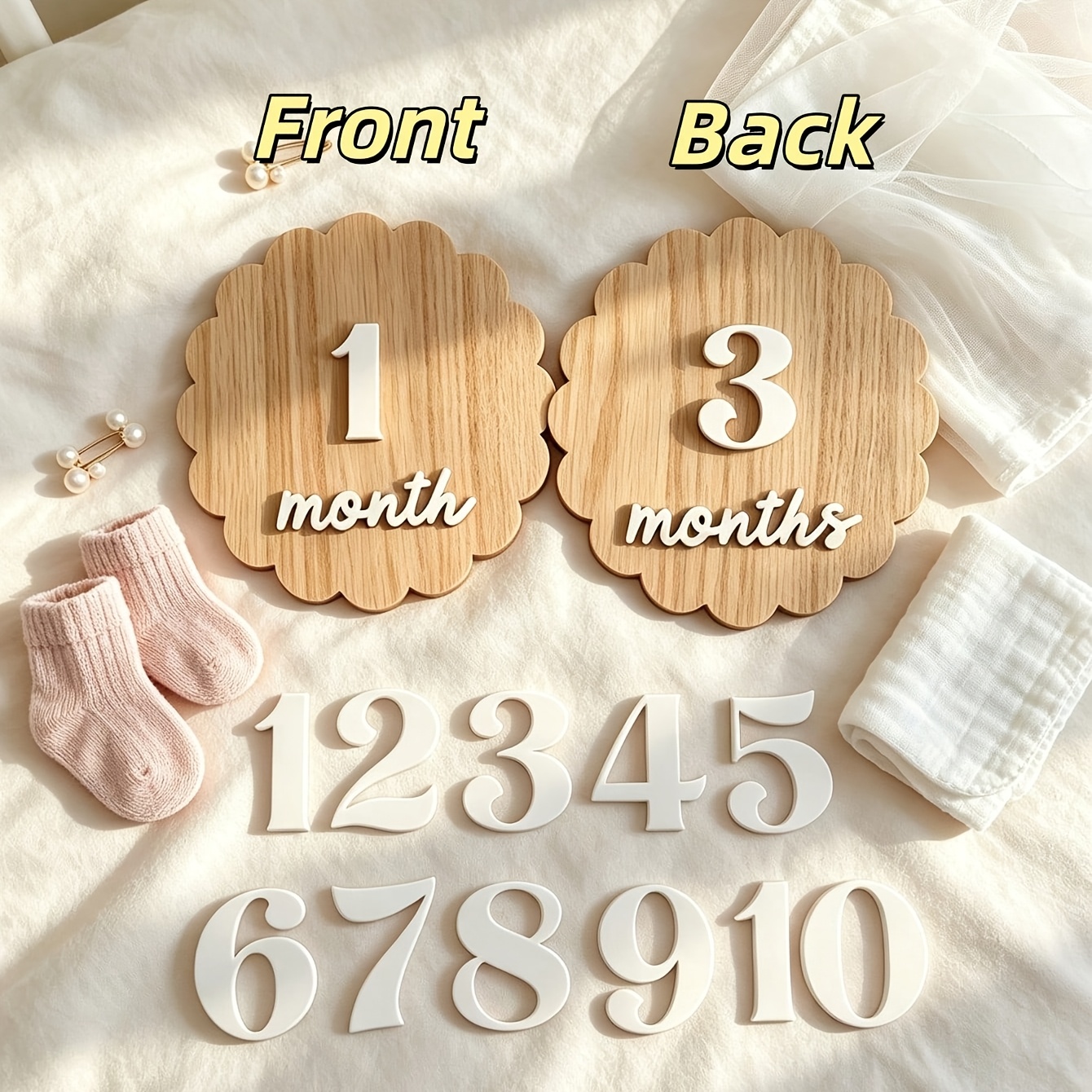 TEMU Wooden Double-sided Milestone Sign Set, Interchangeable Milestone Card Set, Double-sided Children's Milestone Birth Announcement Board, 1-12