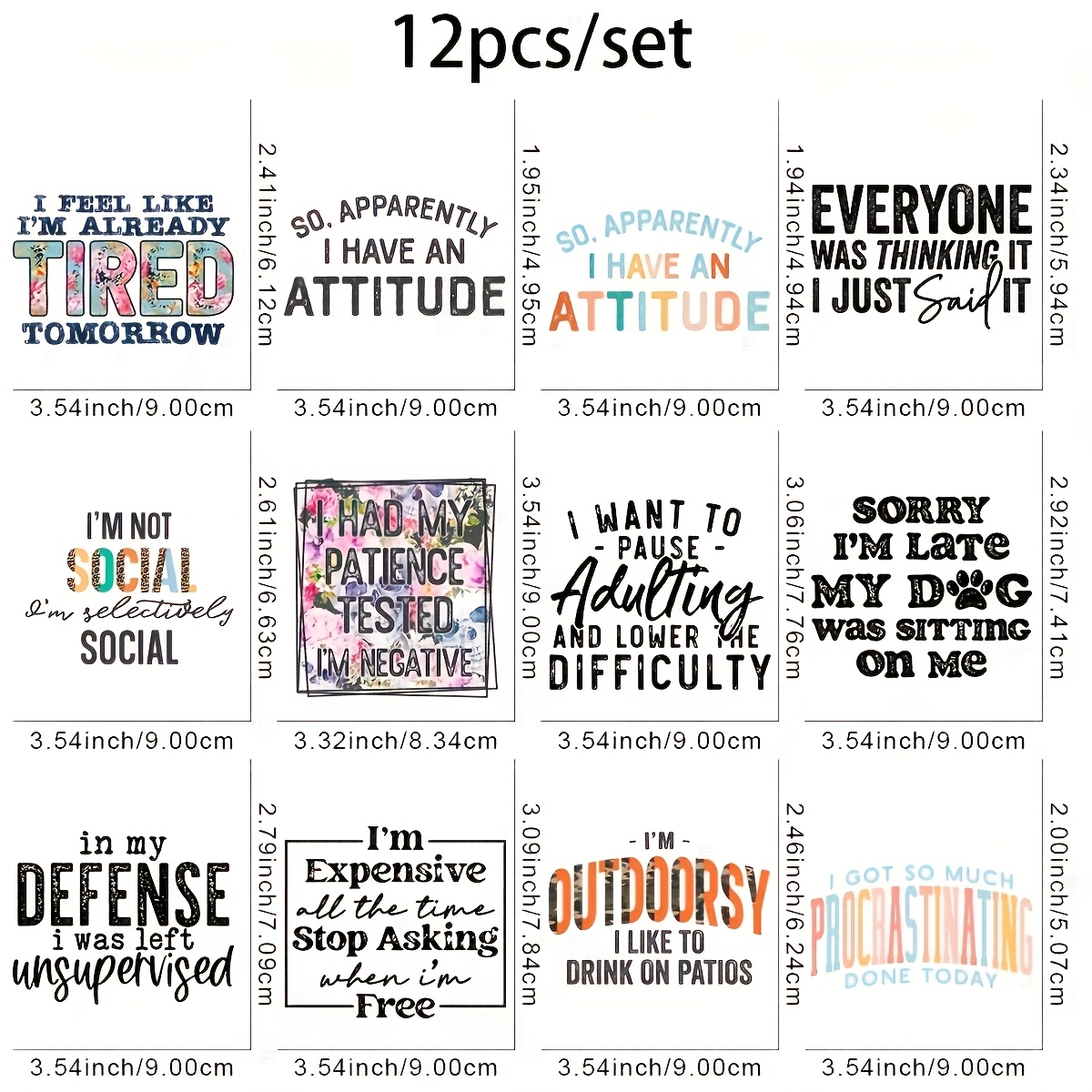 TEMU 12pcs Iron-on Dtf Transfers With Humorous Quotes - Washable Vinyl Heat Transfer Stickers For T-shirts, Masks, Jeans, Backpacks - Mixed Colors,