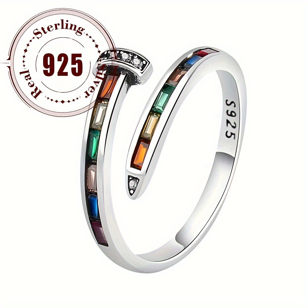 

Nail Design Colorful Zircon Inlaid Open Ring Sterling 925 Silver Ring Simple Elegant Style Personality Ring