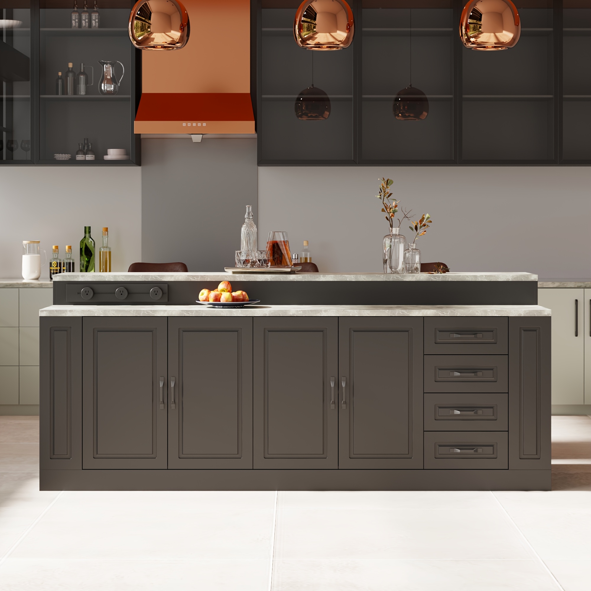 modern 4 door kitchen island with 4   drawers and 4 shelves heavy duty kitchen pantry storage cabinet with stone patterned tabletop stationary kitchen table coffee bar dining table for dining room kitchen stylish design 94 5l 31 3d Product details 0