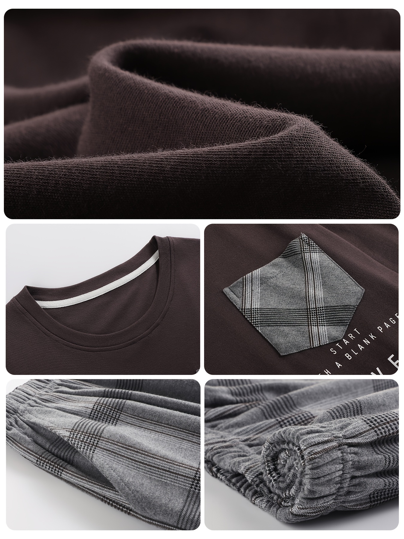 1set Men'S Casual Cotton Pajama Set, Long Sleeve Round Neck Sleepwear with Pockets, Loose Fit Knitted Pullover for Spring/Autumn - Comfortable Thin Cotton Outfit