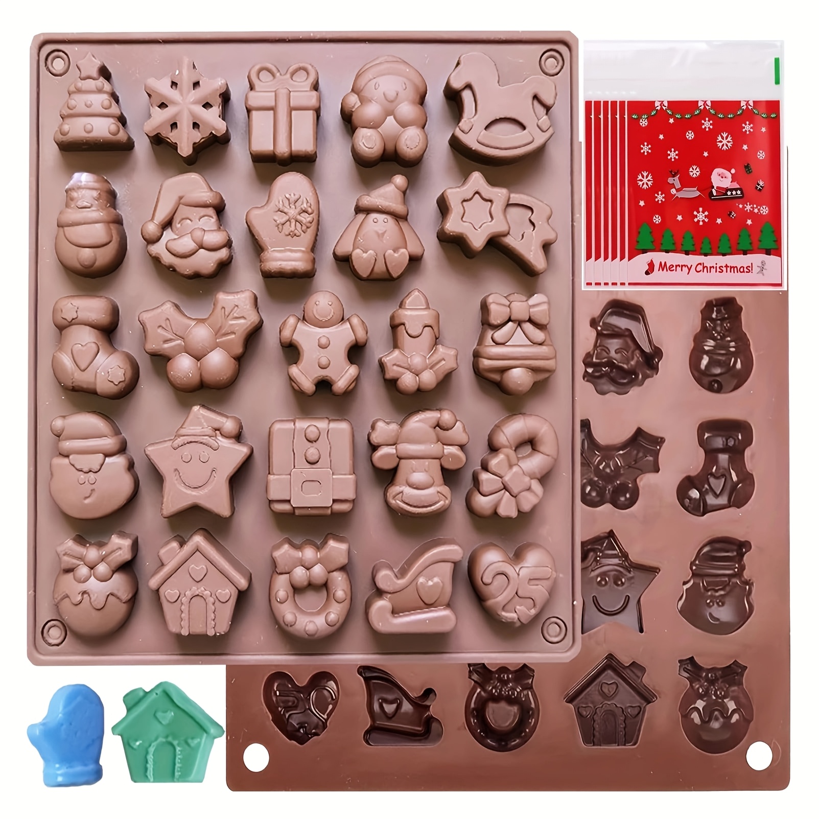Image of 102pcs/set-2pcs Christmas Chocolate Molds Silicone, Christmas Silicone Molds With 100pcs Candy Bags For Gummy Candy Resin Soap Wax Melts Ice Cube Jelly 25 Shapes