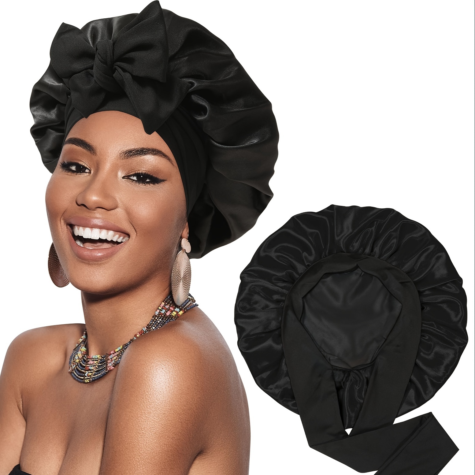 

2pcs Extra Long Tie Satin Sleeping Cap, Hair Care , Reusable , Women Hair Cap, Men Silk Hair Cap With Long Tie.
