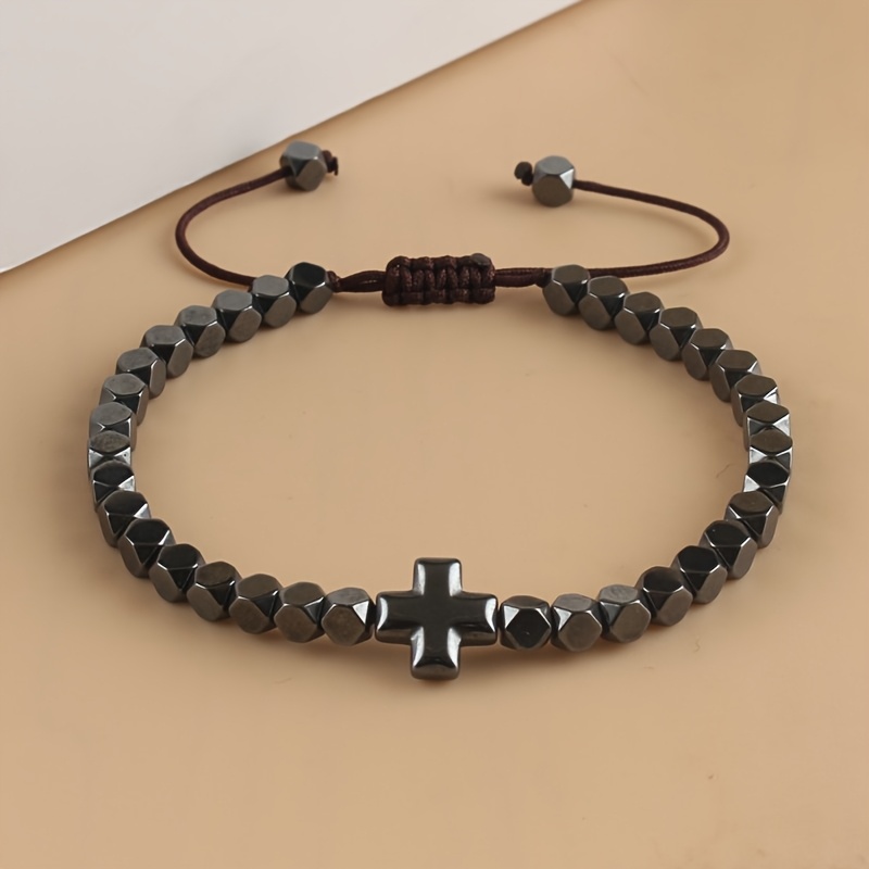Image of 1pc Bead Black Onyx Cross Bracelet, Minimalist Adjustable Men's Bracelet, Perfect Gift For Valentine's Day/father's Day/christmas/new Year
