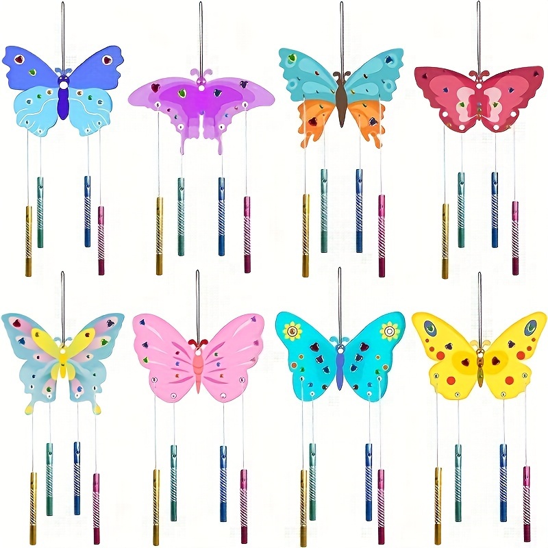 

8pcs Diy Wooden Wind Chime Making Set Cartoon Butterfly Graffiti Painting Crafts Birthday, Festival, Party Gifts, Hanging Wind Chimes