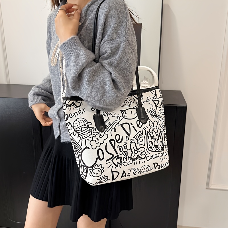 Fashion Graffiti Single-Shoulder Tote Bag for Women, New Spring Style, Large Capacity Commuter Underarm Handbag