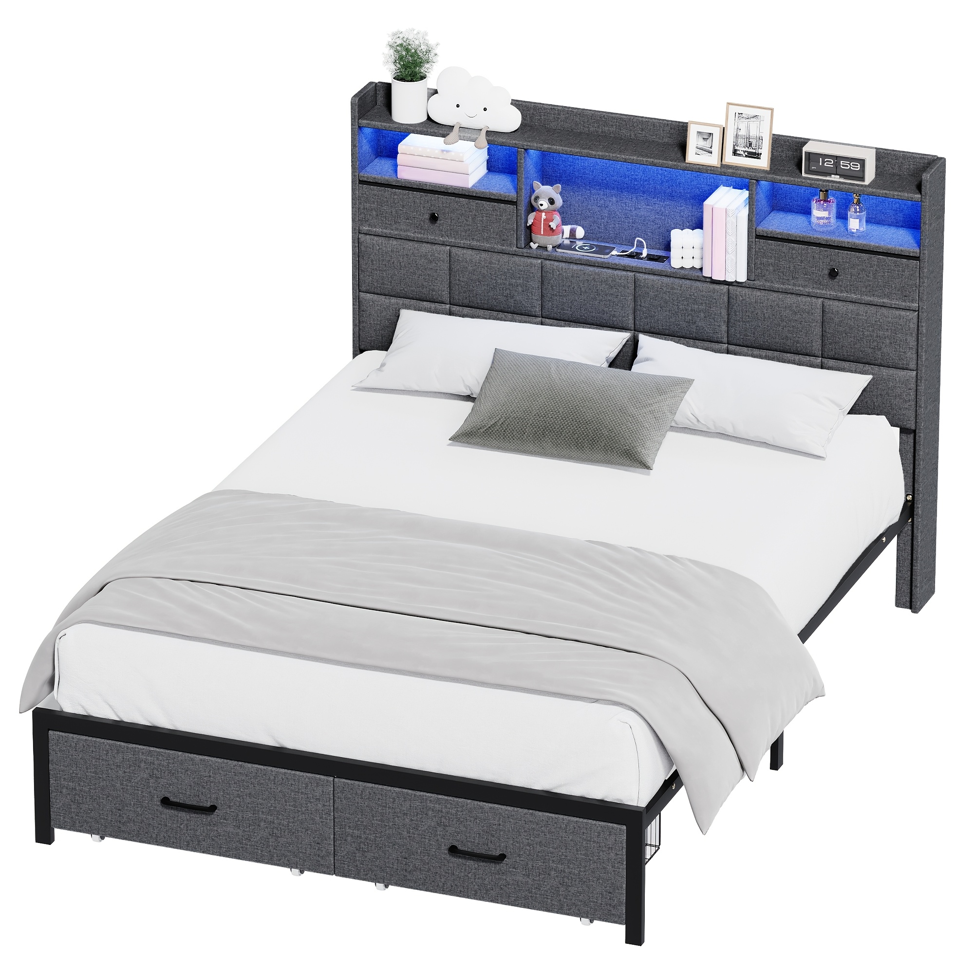 TEMU Bed Frame With Led Lights, Display Shelf Headboard And Charging Station With Usb Ports, 2 Storage Drawers, Metal Platform Bed, Spring Needed,