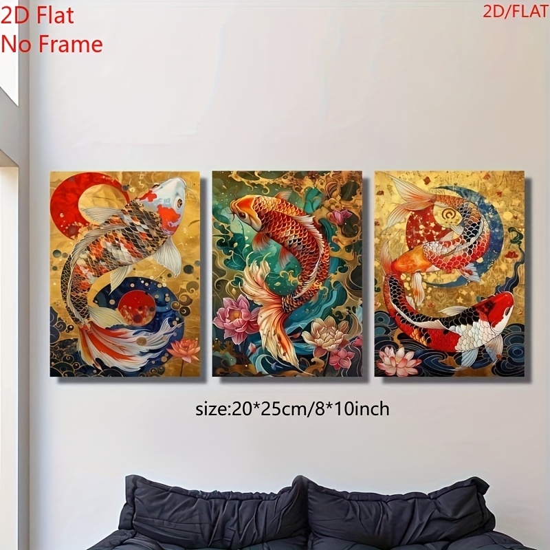 TEMU 2d Flat, 2d Flat, 2d/flat 3pcs Set Japanese Koi Colorful Creative Posters, Fish Animal Art Canvas Paintings, Living Room Office Decoration,