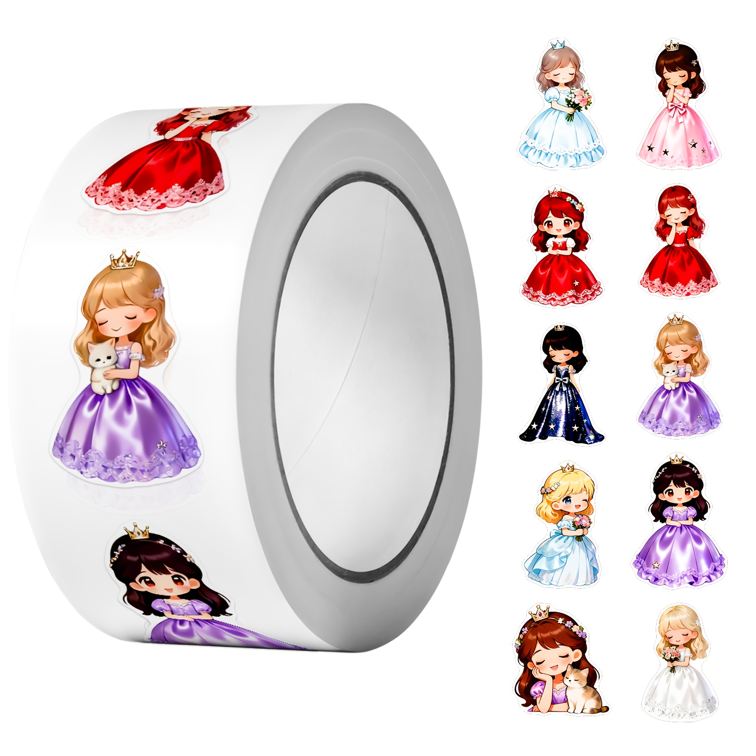 TEMU 1 Rol (500 stuks) Cartoon Mooie Prinses Onregelmatige Sticker 2,5 cm/1,0'' 10 Ontwerpen Decals Kunstversiering Geschikt voor Diverse
