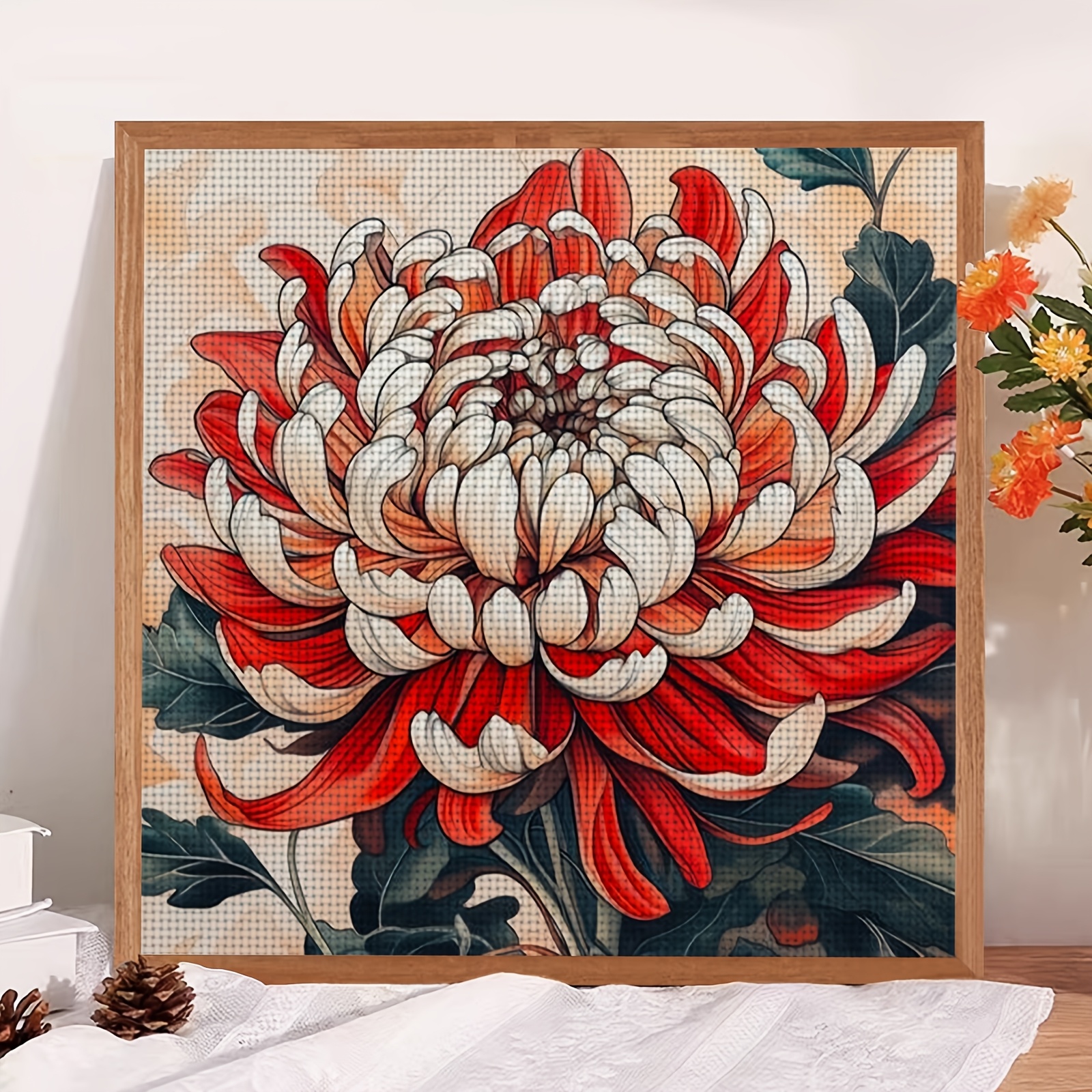 Cross-Stitch Kit Featuring Blooming Red and White Chrysanthemums, Perfect for Beginners