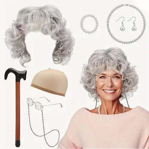 Funny Old Lady'S Hairpiece Set, Featuring a 12-Inch Light Gray Short Curly Hair *. The Hairstyle Is Fluffy And Fashionable, Suitable for Daily Use, Costume Parties, School Performances * Mother'S Day ... Funny Old Lady'S Hairpiece Set, Featuring a 12-Inch Light Gray Short Curly Hair *. The Hairstyle Is Fluffy And Fashionable, Suitable for Daily Use, Costume Parties, School Performances * Mother'S Day ...